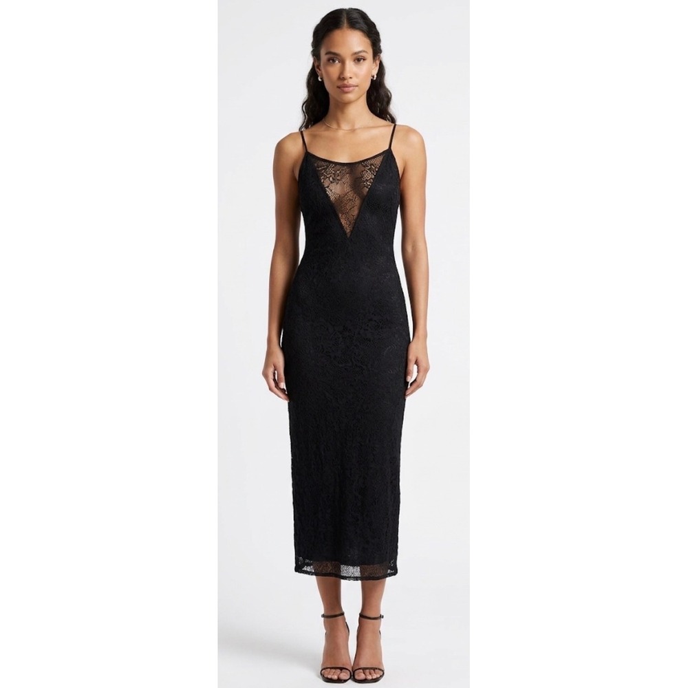 AQUA Black Pointelle Lace V-Neck‎ Midi Dress Size Large Spaghetti Strap NWT